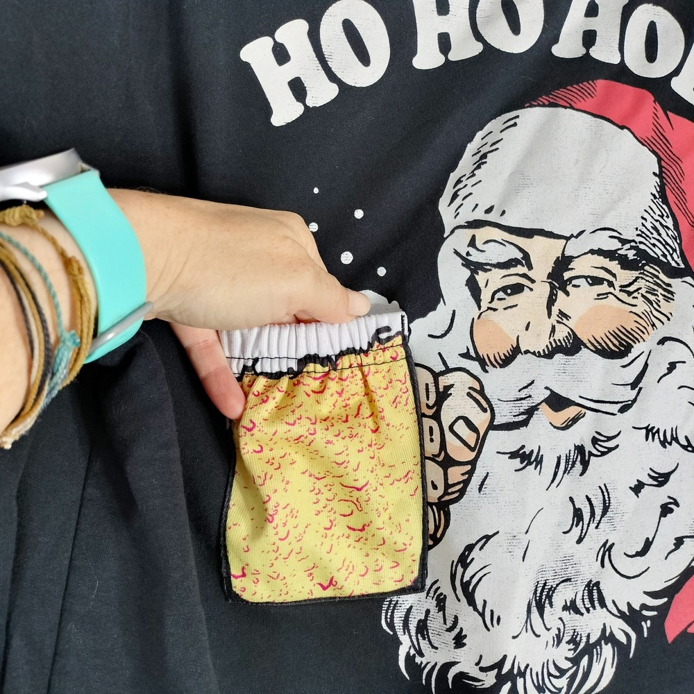 Christmas Black Sweatshirt; Ho Ho Hold My Beer Santa Graphic Beer Koozie Pocket - Picture 2 of 5